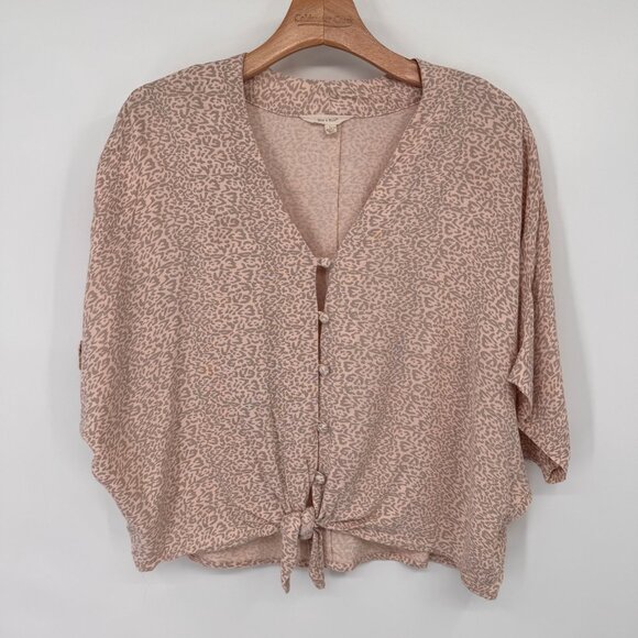 Sim & Sam Womens beige Pink Leopard Print Top V-Neck Tie-Front Size Large Rayon - Picture 6 of 12